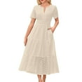 thumbnail image 1 of Xugsiok Summer Dresses for Women A-Line V-Neck Solid Color Hollow Out Casual Dress with Pockets Tea Length Short Sleeve Midi Dress Flowy Elastic Waist Dresses for Going Out Beach Date Vacation, 1 of 5