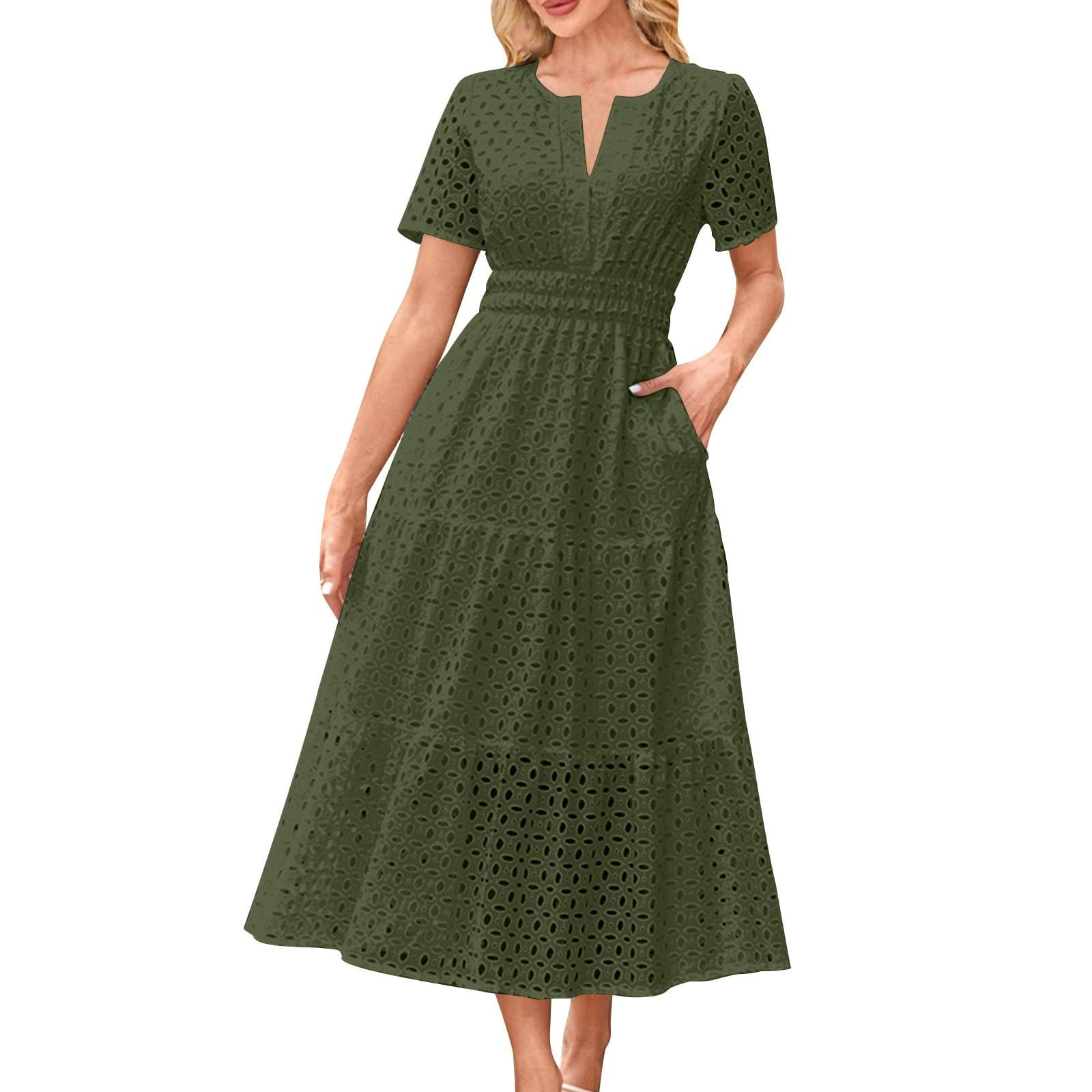 UNITWRY Summer Dresses for Women A-Line V-Neck Solid Color Hollow Out  Casual Dress with Pockets Tea Length Short Sleeve Midi Dress Flowy Elastic  Waist Dresses for Going Out Beach Date Vacation -