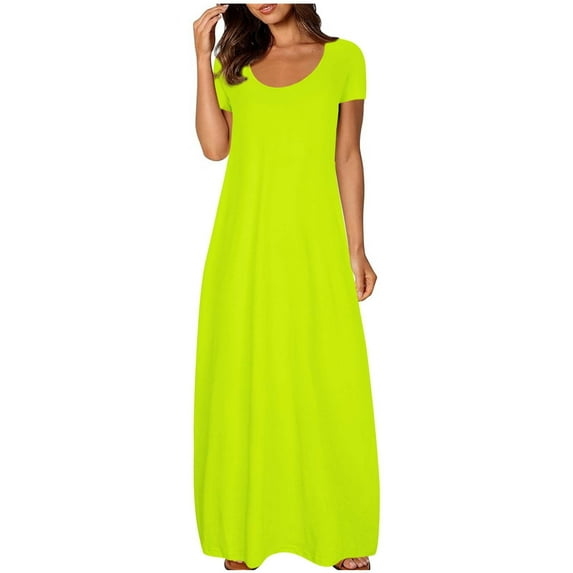 Amvlyk Summer Dresses for Women Long Flowy Maxi Dress Round Neck Short Sleeve Solid Color Plus Size Sundress Dresses for Casual Beach Going Out Party Date Vocation