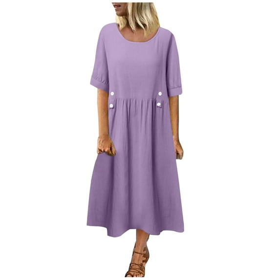 Amvlyk Summer Dresses for Women Round Neck Solid Color Pleated Casual Dress Tea Length Short Sleeve Vacation Dress Flowy Dresses for Going Out Beach Date