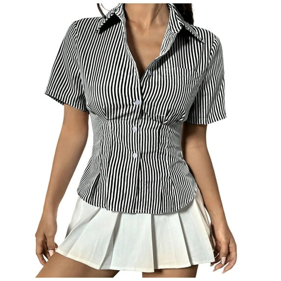 Xugsiok Summer Tops for Women Lapel Neck Casual T-Shirts Short Sleeve Blouse Clothes Summer Striped Color Block Loose Basic Tunic Tops for Trendy Beach Vacation Outfits