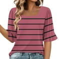thumbnail image 1 of Amvlyk Summer Tops for Women Round Neck Comfy Striped Casual T-Shirts Lace Half Sleeve Blouse Clothes Summer Solid Color Loose Basic Tunic Tops for Trendy Beach Vacation Outfits, 1 of 6