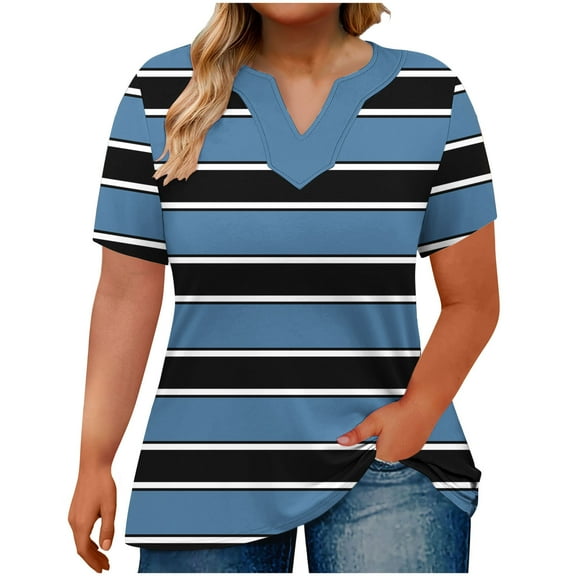 Amvlyk Summer Tops for Women V Neck Casual T-Shirts Short Sleeve Blouse Clothes Summer Striped Color Block Loose Basic Tunic Tops for Trendy Beach Vacation Outfits