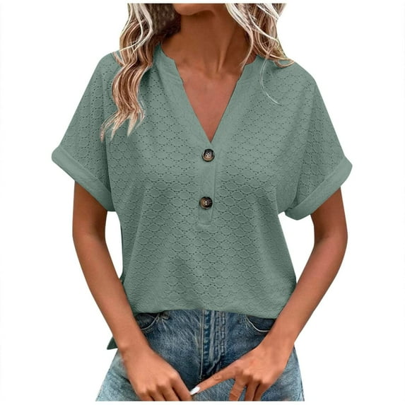 Xugsiok Summer Tops for Women V Neck Casual T-Shirts Short Sleeve Button Down Blouse Clothes Summer Solid Color Loose Basic Tunic Tops for Trendy Beach Vacation Outfits