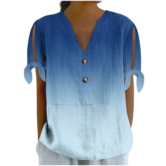 UNITWRY Summer Tops for Women V Neck Gradient Drawstring Casual T-Shirts Short Sleeve Button Down Blouse Clothes Summer Solid Color Loose Basic Tunic Tops for Trendy Beach Vacation Outfits