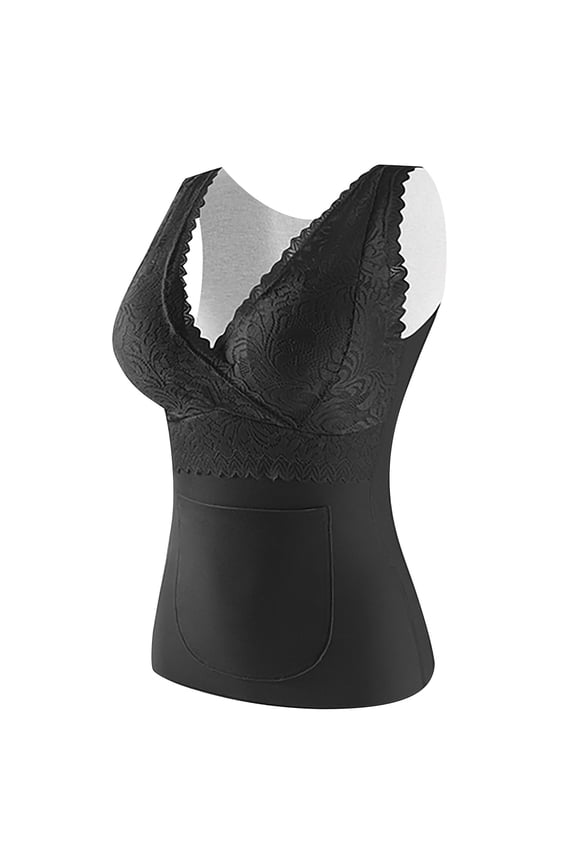 Underwear Vest for Women Warm Comfortable Base V Neck Fleece Underwear Tops with Pocket Soft Sleeveless Lace Thermal Tank Top Lightly Vest Bottoming for Cold Weather Outdoor