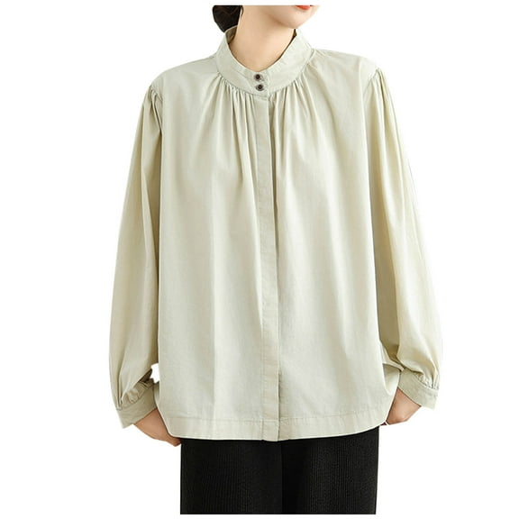 Amvlyk White Long Sleeve Shirts for Women Stand Collar Loose Pleated Work Blouses Solid Lightweight Office T-Shirts Spring Basic tops Clothes Comfy Fall Fashion Business Outfits 2025
