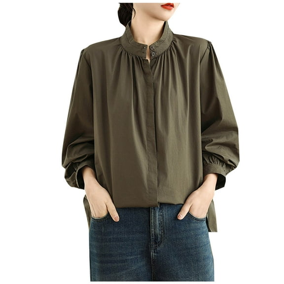 Amvlyk White Long Sleeve Shirts for Women Stand Collar Loose Pleated Work Blouses Solid Lightweight Office T-Shirts Spring Basic tops Clothes Comfy Fall Fashion Business Outfits 2025