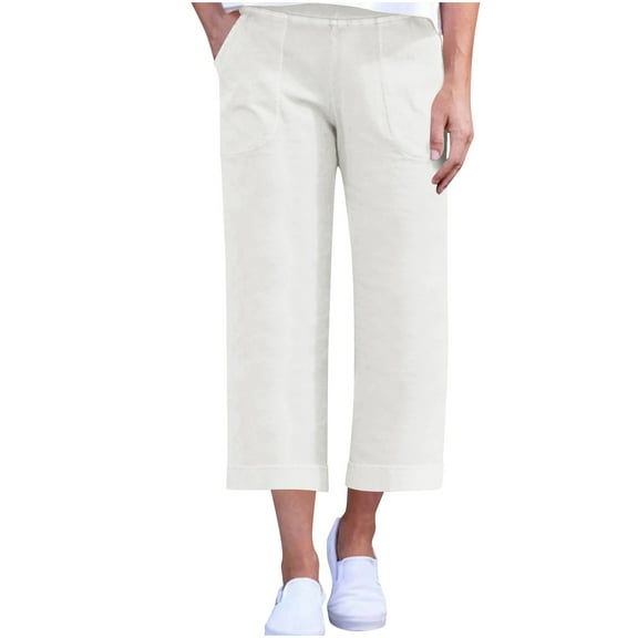 Amvlyk Wide Leg Pants for Women Solid Color Elastic Waist Capri Pants High Waist Straight Leg Pants Casual Loose Pants with Pockets Flowy Beach Travel Vacation Pants