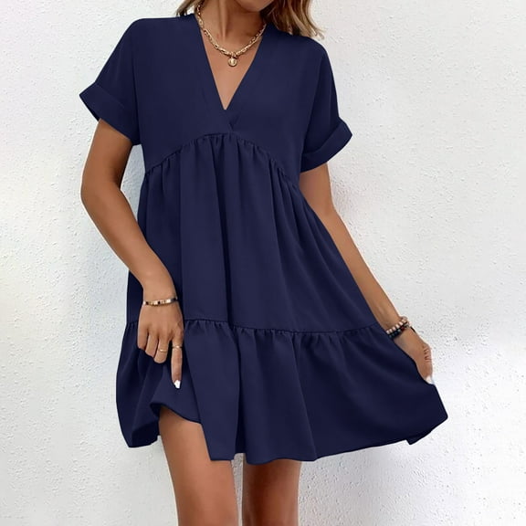 Admvng Dresses for Women Fashion Summer Casual V-Neck Short Sleeve Mini Dress S-2XL