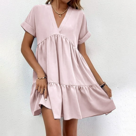 Admvng Dresses for Women Fashion Summer Casual V-Neck Short Sleeve Mini Dress S-2XL