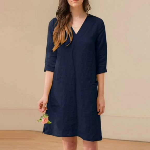 Amvng Summer Dresses for Women Spring and Summer V-Neck Solid Cotton and Linen Casual Pocket Short Sleeved Dress S-3XL
