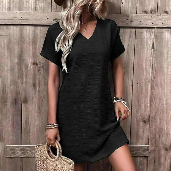 Amvng Sundresses for Women 2025 Casual Solid Color Loose and Linen Pleated Button Lace Up 3/4Sleeve Dress S-3XL