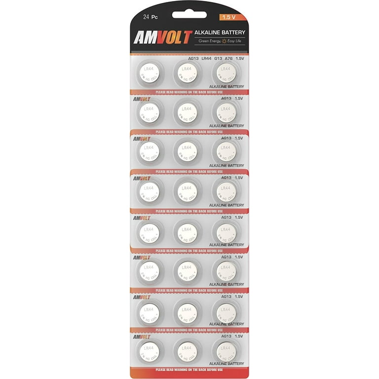 AmVolt- Pack de 24 piles LR44 AG13 SR44 357 303 batterie à bouton alcalin  non rechargeable Premium, petites batteries de 1,5 volt pour montres