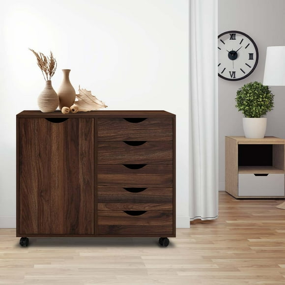 Amy 5 Drawer Chest, Wood Storage Dresser Cabinet with Wheels, Craft Storage Organization, Makeup Drawer Unit for Closet, Bedroom Brown Oak