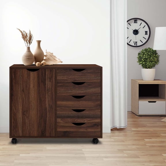 Naomi Home Amy 5 Drawer Wood Storage Chest with Wheels for Bedroom or Office, Brown Oak, 1 Unit