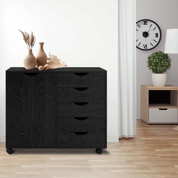 Naomi Home  Amy 5-Drawer Wood Dresser Chest with Cabinet Door, Mobile Storage Organizer & Printer Stand for Home Office, Distressed Black