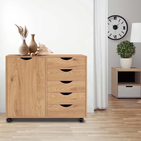 Naomi Home 5-Drawer Dresser on wheels with Cabinet Door , Adult Portable , Natural