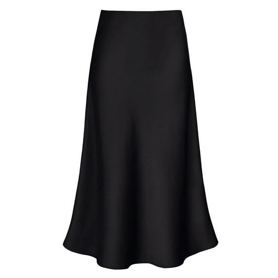 Amy Babe Women's Elegant Satin Midi Skirt High Waist Hidden Elastic Band Flowy Skirts Work Skirts