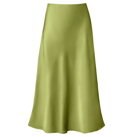 Amy Babe Women's Elegant Satin Midi Skirt High Waist Hidden Elastic Band Flowy Skirts Work Skirts