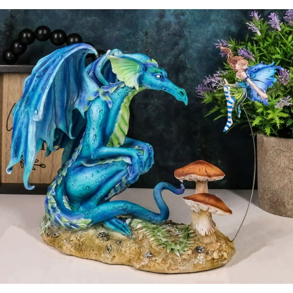 Amy Brown Strange Encounter Blue Dragon With Toadstool Pixie Fairy Figurine