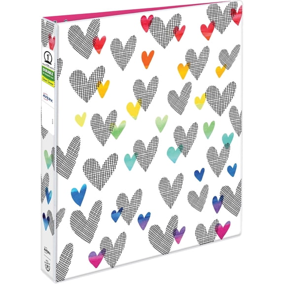 Amy Tangerine Designer Collection Binder, 1 Inch Round Rings, 175-Sheet Capacity, Hatchmark Hearts (28320)