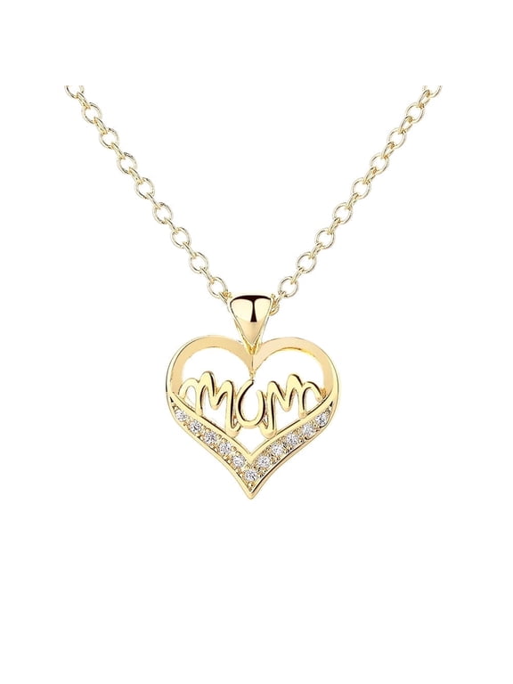 14K Gold Plated MOM Heart Pendant Necklace with Crystal (Mom, Mother, Mama - Great Gift)