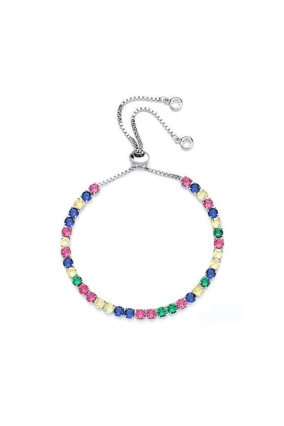 14K White Gold Adjustable Tennis Bracelet in with multi-colored crystals in 14K White Gold Plated