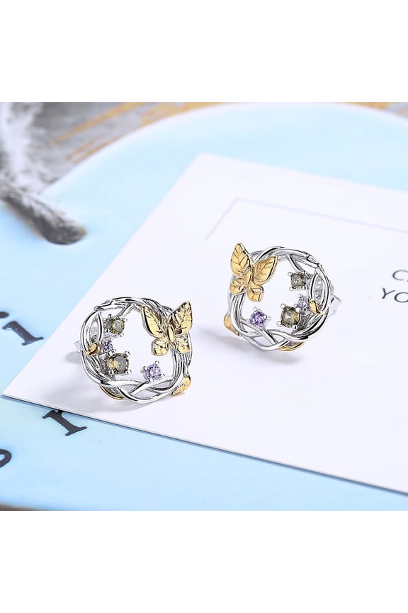 14K Gold Two-Tone Floral and Gemstone Earrings