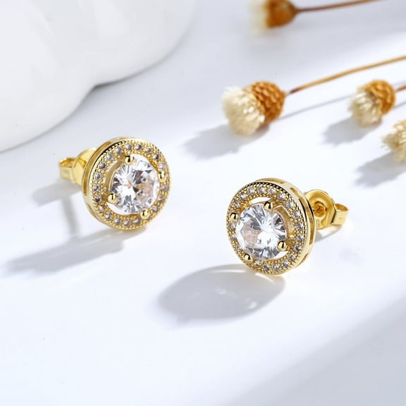 Amy and Annette 14K Gold over Sterling Silver Round Halo Earrings with Crystals