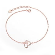 Amy and Annette 14K Rose Gold Heart Anklet Ankle Bracelet for Women with genuine crystals, 9.5 in, Cable Chain in 14K Plated