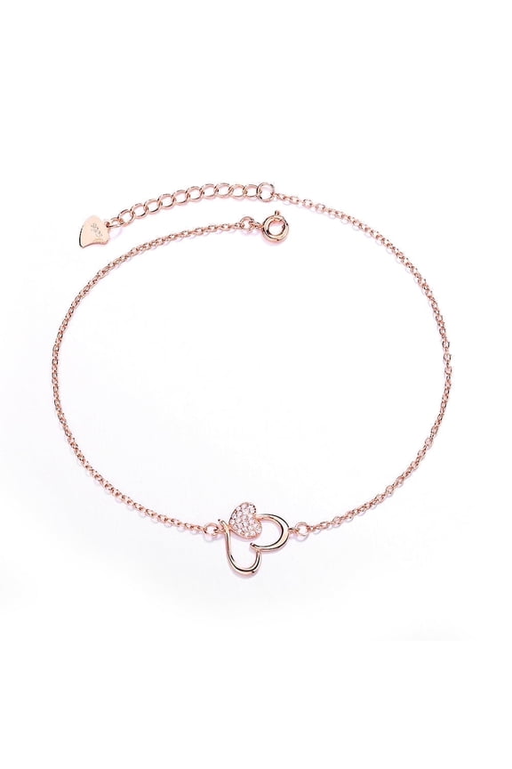14K Rose Gold Heart Anklet Ankle Bracelet for Women with genuine crystals, 9.5 in, Cable Chain in 14K Plated