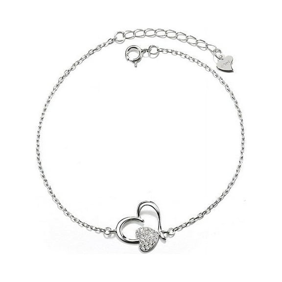 Amy and Annette 14K White Gold Heart Anklet Ankle Bracelet for Women with genuine crystals, 9.5 in, Cable Chain in 14K Plated