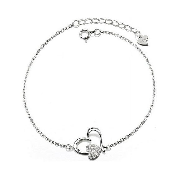 Amy and Annette 14K White Gold Heart Anklet Ankle Bracelet for Women with genuine crystals, 9.5 in, Cable Chain in 14K Plated
