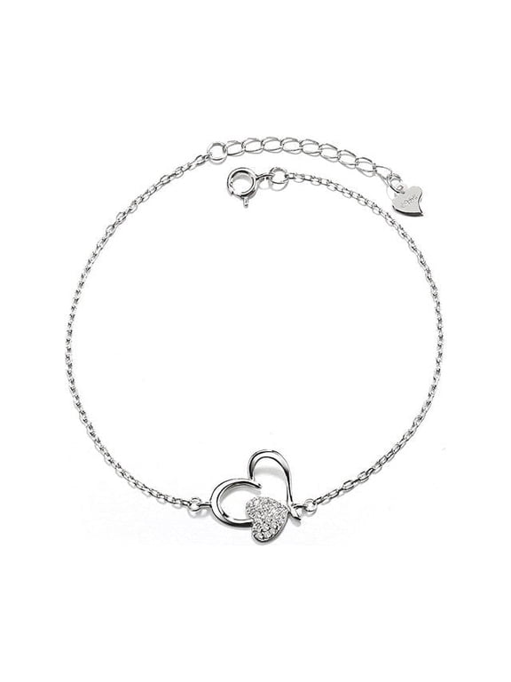 Amy and Annette 14K White Gold Heart Anklet Ankle Bracelet for Women with genuine crystals, 9.5 in, Cable Chain in 14K Plated