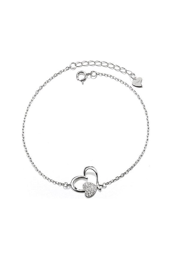 14K White Gold Heart Anklet Ankle Bracelet for Women with genuine crystals, 9.5 in, Cable Chain in 14K Plated