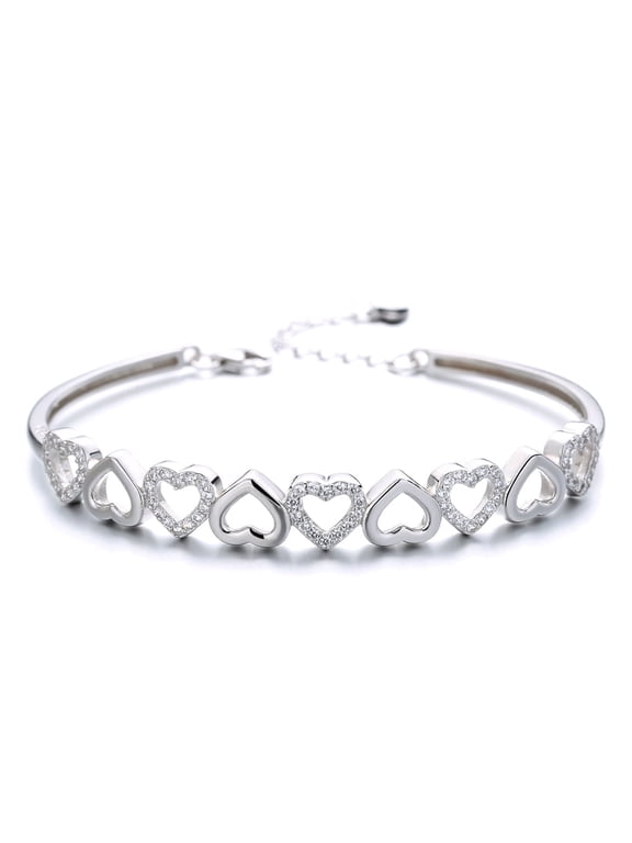 Amy and Annette 14K White Gold Hearts Bangle Adjustable Bracelet with simulated Diamonds in 14K White Gold Plated