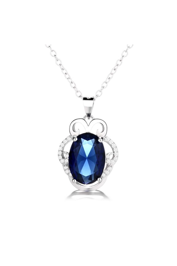 14K White Gold Plated Large Sapphire Royal Crown Pendant Necklace