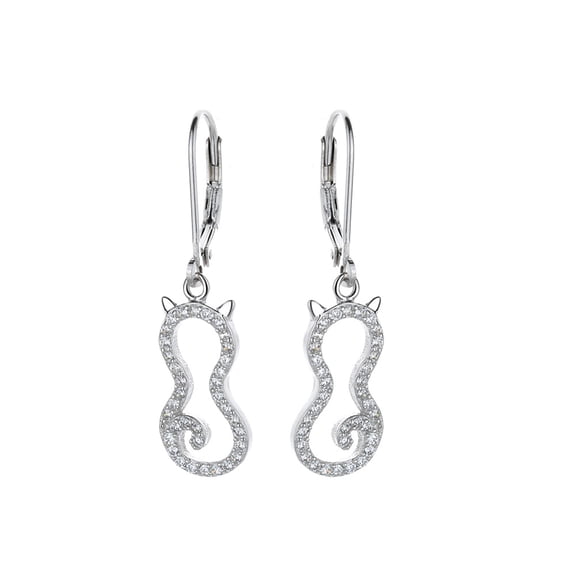 Amy and Annette 14K White Gold Plated Leverback Cat Earring with crystals