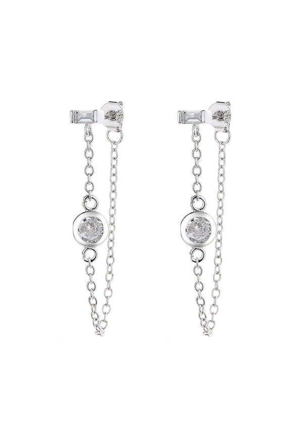 14kt White Gold Plated Bezel & Chain Earrings