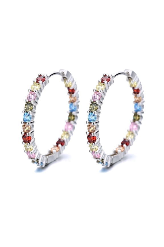 18K White Gold-Plated Multi-Colored Crystal Hoop Earrings-40mm