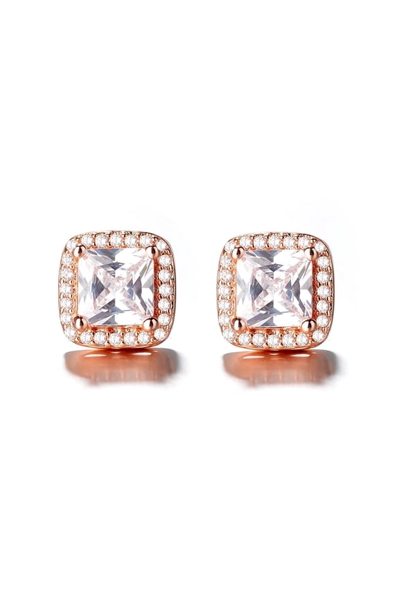 18K Rose Gold over Sterling Silver Square Crystal Halo Stud Earrings