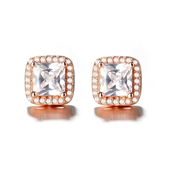 Amy and Annette 18K Rose Gold over Sterling Silver Square Crystal Halo Stud Earrings