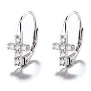 Amy and Annette 18K White Gold Plated Crystal Cross Leverback Earrings