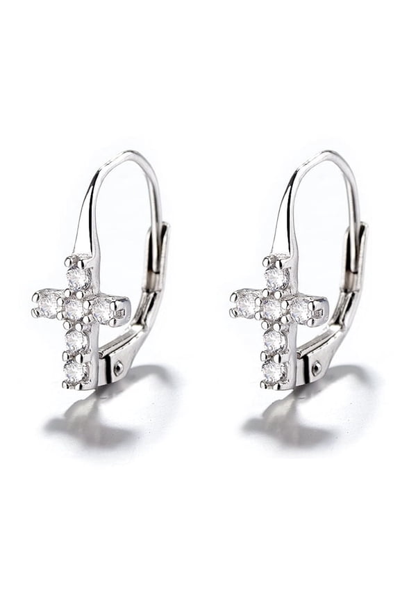 18K White Gold Plated Crystal Cross Leverback Earrings