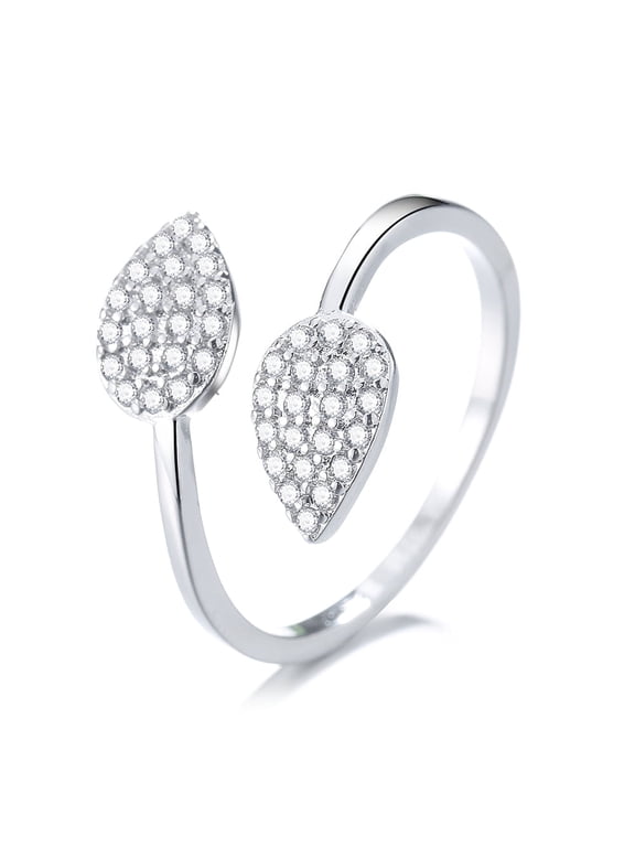 Amy and Annette 18K White Gold Plating Bypass Double Leaf Ring with Crystals