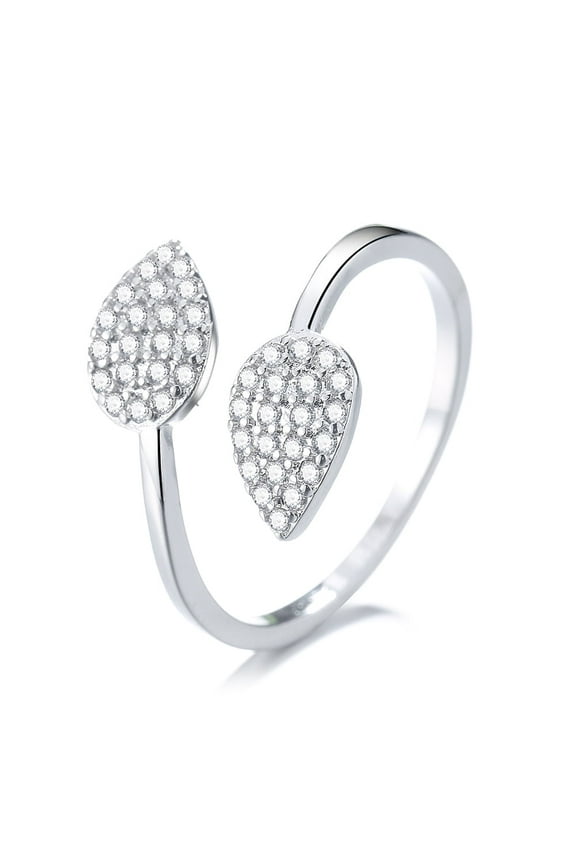 18K White Gold Plating Bypass Double Leaf Ring with Crystals