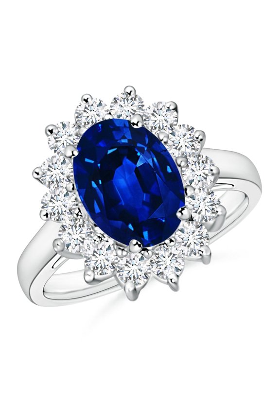 Halo Blue Sapphire Engangement Ring in 18K White Gold Plated