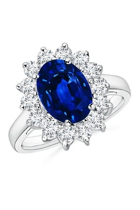 Halo Blue Sapphire Engangement Ring in 18K White Gold Plated