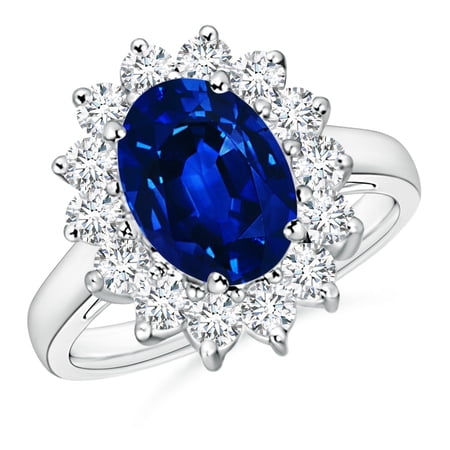 Amy and Annette Halo Blue Sapphire Engangement Ring in 18K White Gold Plated